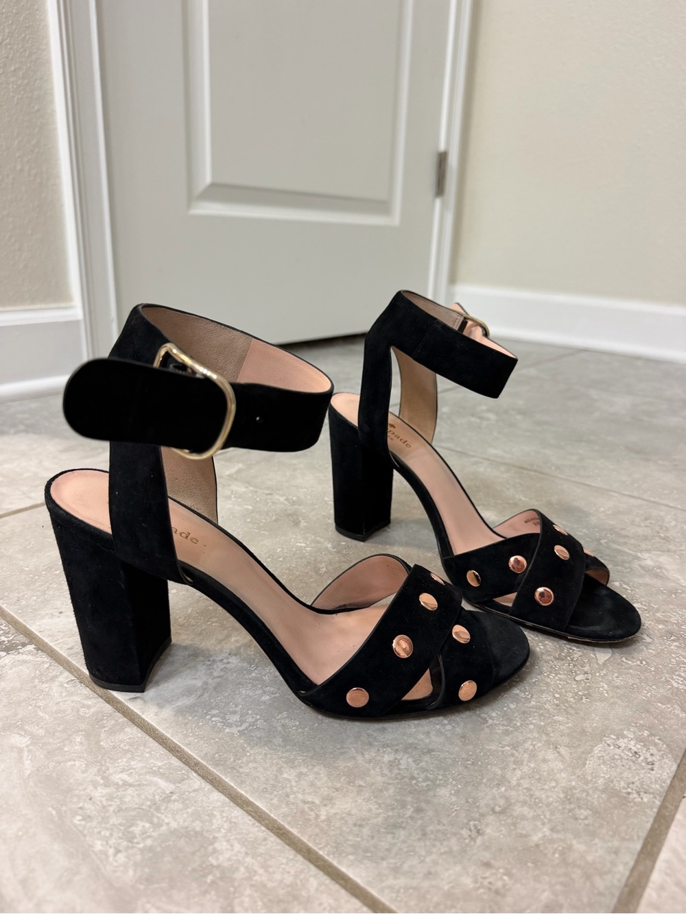 kate spade Black Suede Block Heel Sandals with Rose Gold Studs